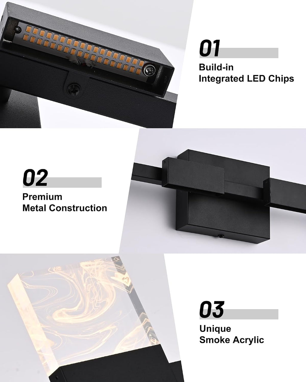 Black LED 3000K Bathroom Light Fixture, Modern 4-Lights Vanity Lighting with Smoke Acrylic Shades, Wall Lamp Over Mirror for Kitchen Bedroom Dress Table (Integrated Led Chips Included)