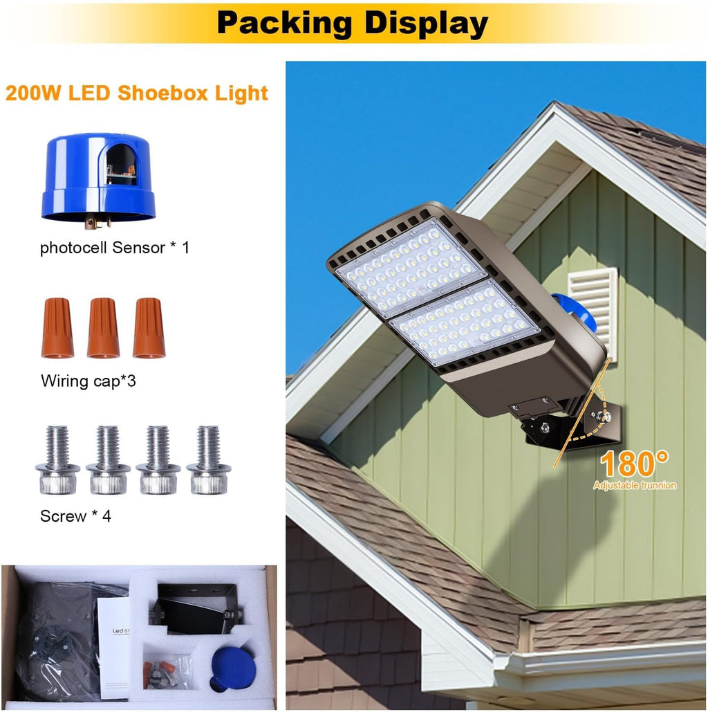 200W LED Parking Lot Light Outdoor,28000LM Bright Dusk to Dawn Floodlights Trunnion Yoke Wall Mount 5500K IP65 Waterproof Commercial Shoebox Barn Security Yard,Garage,Street Light 3 Pack