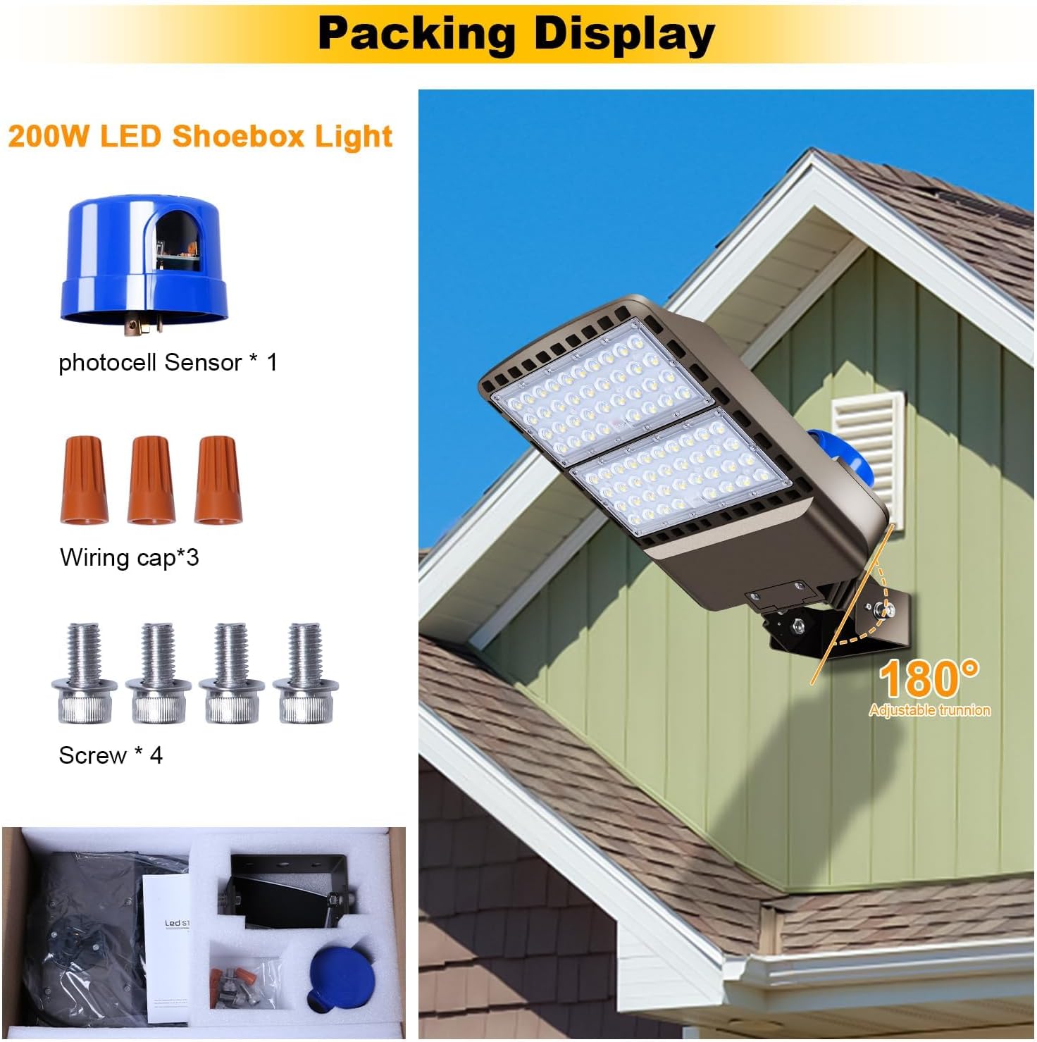 200W LED Parking Lot Light Outdoor,28000LM Bright Dusk to Dawn Floodlights Trunnion Yoke Wall Mount 5500K IP65 Waterproof Commercial Shoebox Barn Security Yard,Garage,Street Light 3 Pack