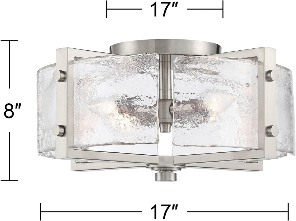 Possini Euro Design Prane Modern Industrial Ceiling Light Semi-Flush Mount Fixture Brushed Nickel 17' Wide Warped Glass Drum Shade for House Bedroom Hallway Living Room Bathroom Dining Kitchen