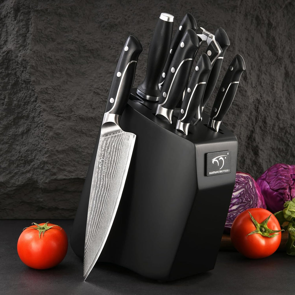 Damascus Kitchen Knife Sets, 9 Pieces Kitchen Knives Set with Block, ABS Ergonomic Handle for Chef Knife Set, Knife Sharpener and Kitchen Shears, Knife Block Set