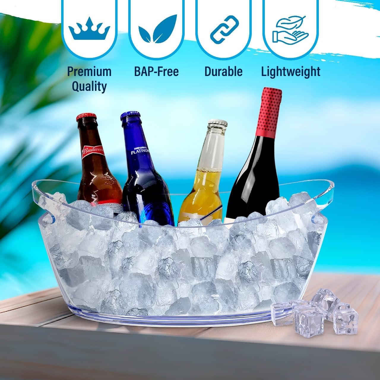 Ice Bucket - Ice Buckets for Parties - Clear Acrylic Champagne Bucket with Easy-to-Carry Handles - Long and Narrow 5.5 Liter Clear Bucket - Fits 3 Wine / 5 Beer Bottles (8)