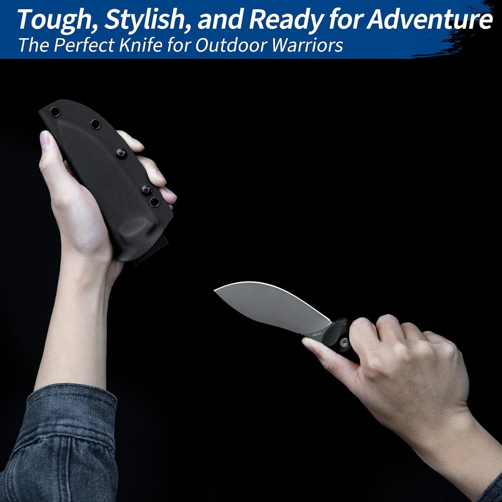 FINTISO Nazar Fixed Blade Knife with Kydex Sheath, 4.24' 14C28N Blade Black G10 Handles, Titanium-coated, Full Tang Design, Lanyard, for Men Outdoor Activities, Camping, Hiking, EDC Carry.
