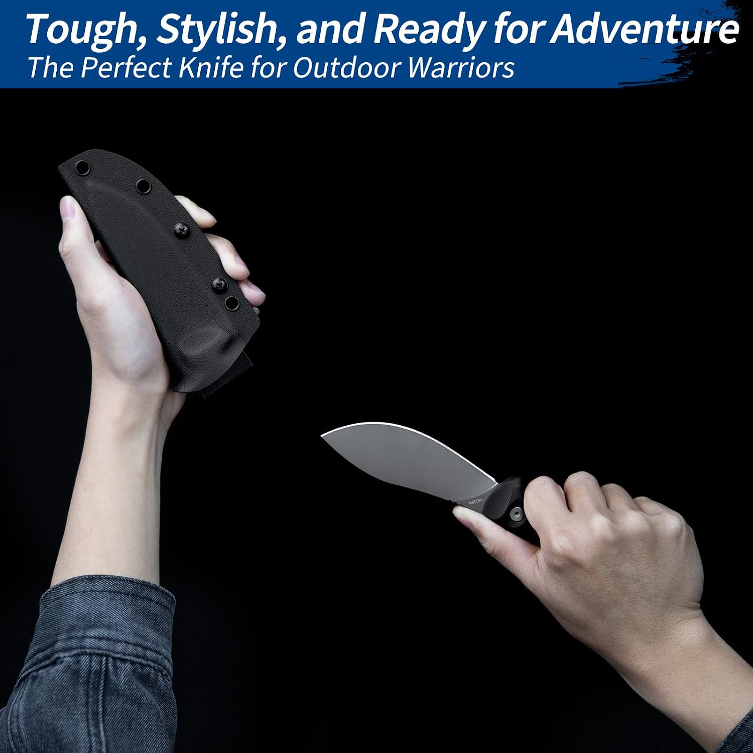 FINTISO Nazar Fixed Blade Knife with Kydex Sheath, 4.24' 14C28N Blade Black G10 Handles, Titanium-coated, Full Tang Design, Lanyard, for Men Outdoor Activities, Camping, Hiking, EDC Carry.