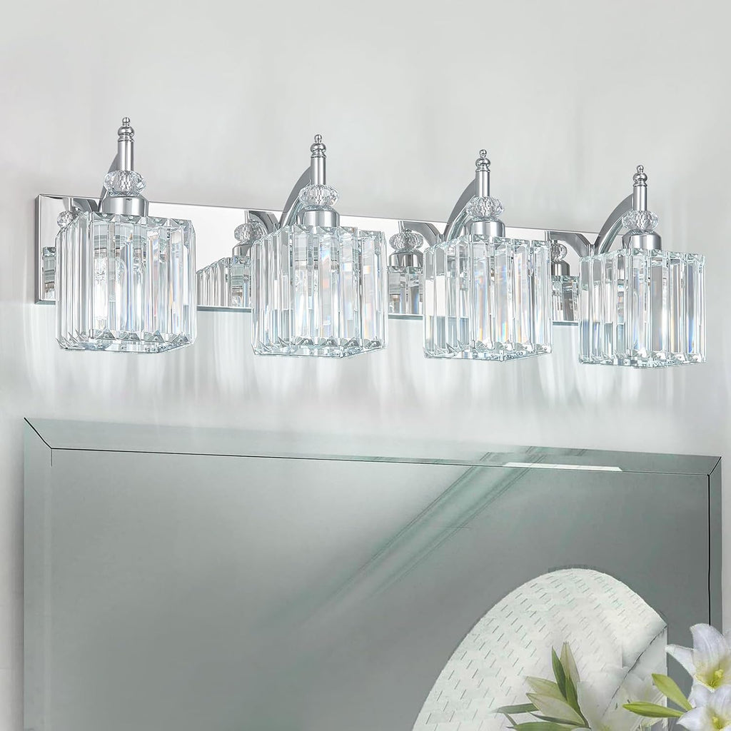 Modern Bathroom Vanity Light 4-Light Chrome Crystal Light Fixtures Over Mirror for Bathroom Wall Sconce