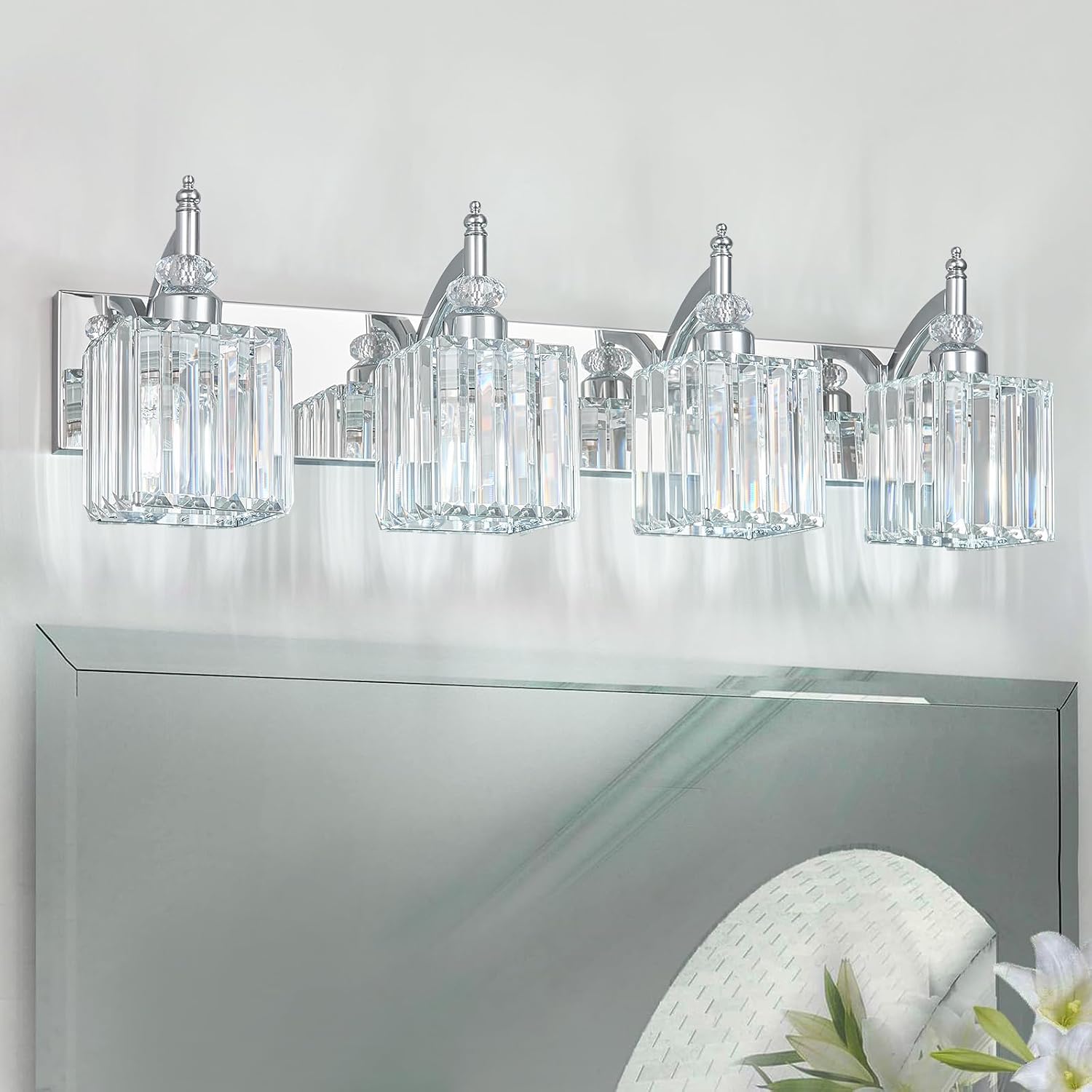 Modern Bathroom Vanity Light 4-Light Chrome Crystal Light Fixtures Over Mirror for Bathroom Wall Sconce