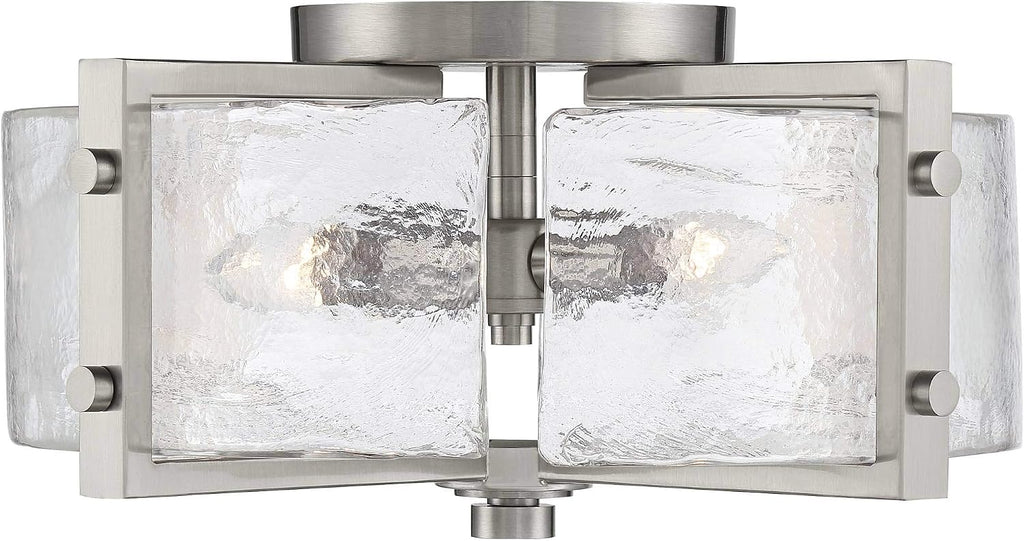 Possini Euro Design Prane Modern Industrial Ceiling Light Semi-Flush Mount Fixture Brushed Nickel 17' Wide Warped Glass Drum Shade for House Bedroom Hallway Living Room Bathroom Dining Kitchen