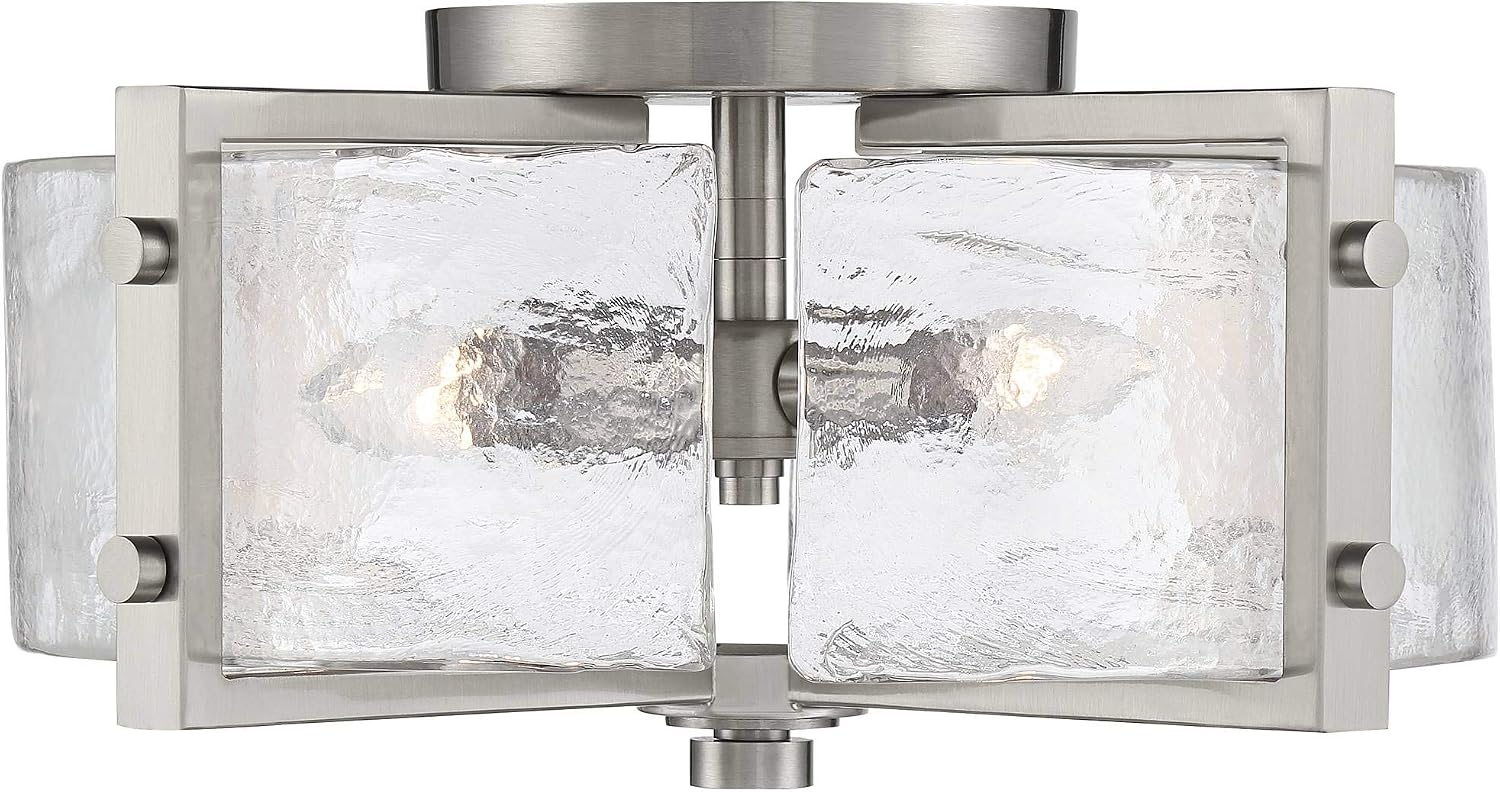 Possini Euro Design Prane Modern Industrial Ceiling Light Semi-Flush Mount Fixture Brushed Nickel 17' Wide Warped Glass Drum Shade for House Bedroom Hallway Living Room Bathroom Dining Kitchen