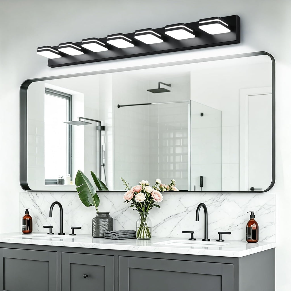 Torondo 360° Rotate LED Bathroom Vanity Light Fixtures, Acrylic Vanity Lights for Bathroom, Modern Wall Lighting Fixtures Over Mirror Living, Matte Black, Natural White, 7-Light, 46-Inch