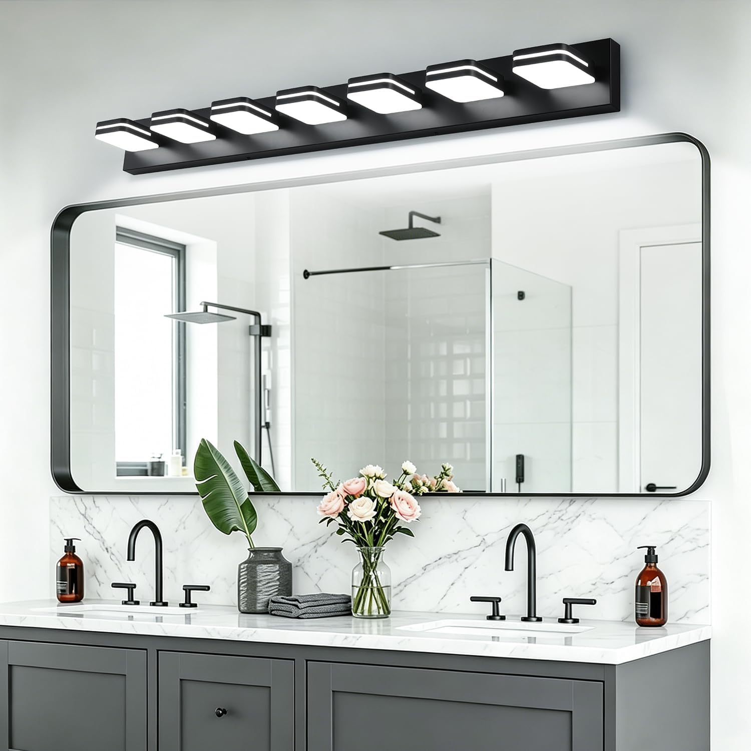 Torondo 360° Rotate LED Bathroom Vanity Light Fixtures, Acrylic Vanity Lights for Bathroom, Modern Wall Lighting Fixtures Over Mirror Living, Matte Black, Natural White, 7-Light, 46-Inch