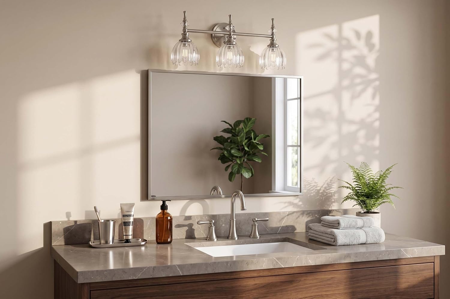 ANDY STAR 3-Light Brushed Nickel Bathroom Vanity Light, Transitional Sconce | Ribbed Glass & Crystal Accent, Damp-Resistant, Ceramic E12 Base, Reversible Up/Down Mounting