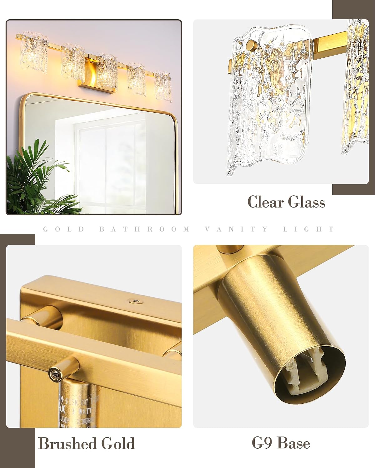 5-Light Bathroom Vanity Lights, 31' Brushed Gold Bathroom Light Fixtures Over Mirror with Clear Glass, Modern Bath Wall Sconce Lighting for Bath Restroom, OS-MM5002-5BG