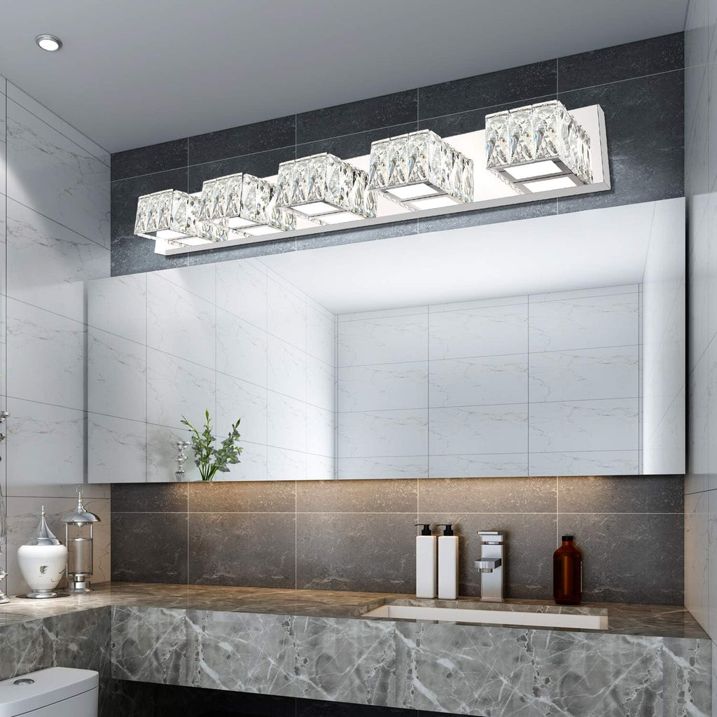 5 Lights Bathroom Vanity Light - Crystal Modern Bathroom Light Fixtures - 30W Dimmable Vanity LED Lights for Restroom - Chrome Bath Light bar Cool White Light