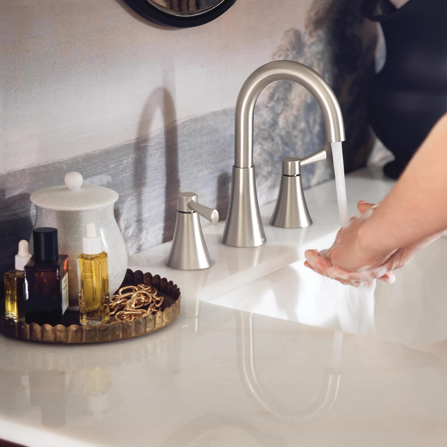 Moen 84023SRN Ronan 2-Handle Widespread Bathroom Faucet, BN | Bathroom sink faucet, widespread 2-handle design, valve included, spot resist finish, modern style