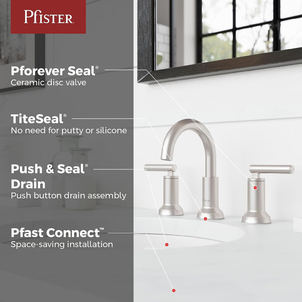 Pfister Capistrano Widespread Bathroom Sink Faucet 2 Handle 3 Hole Brushed Nickel Vanity Faucet with Push & Seal Drain TiteSeal Mount NSF Certified Bath Fixture LF049CSOGS