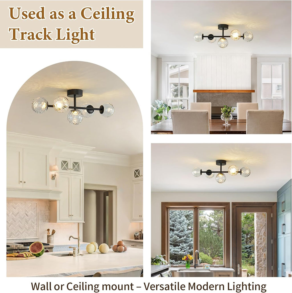 Black LED Bathroom Vanity Light: 5-Light Hammered Clear Glass Globe Bathroom Vanity Lights Fixture over Mirror - Mid Century Modern Dimmable Matte Black Bath Room Makeup Fireplace Wall Sconce Lighting