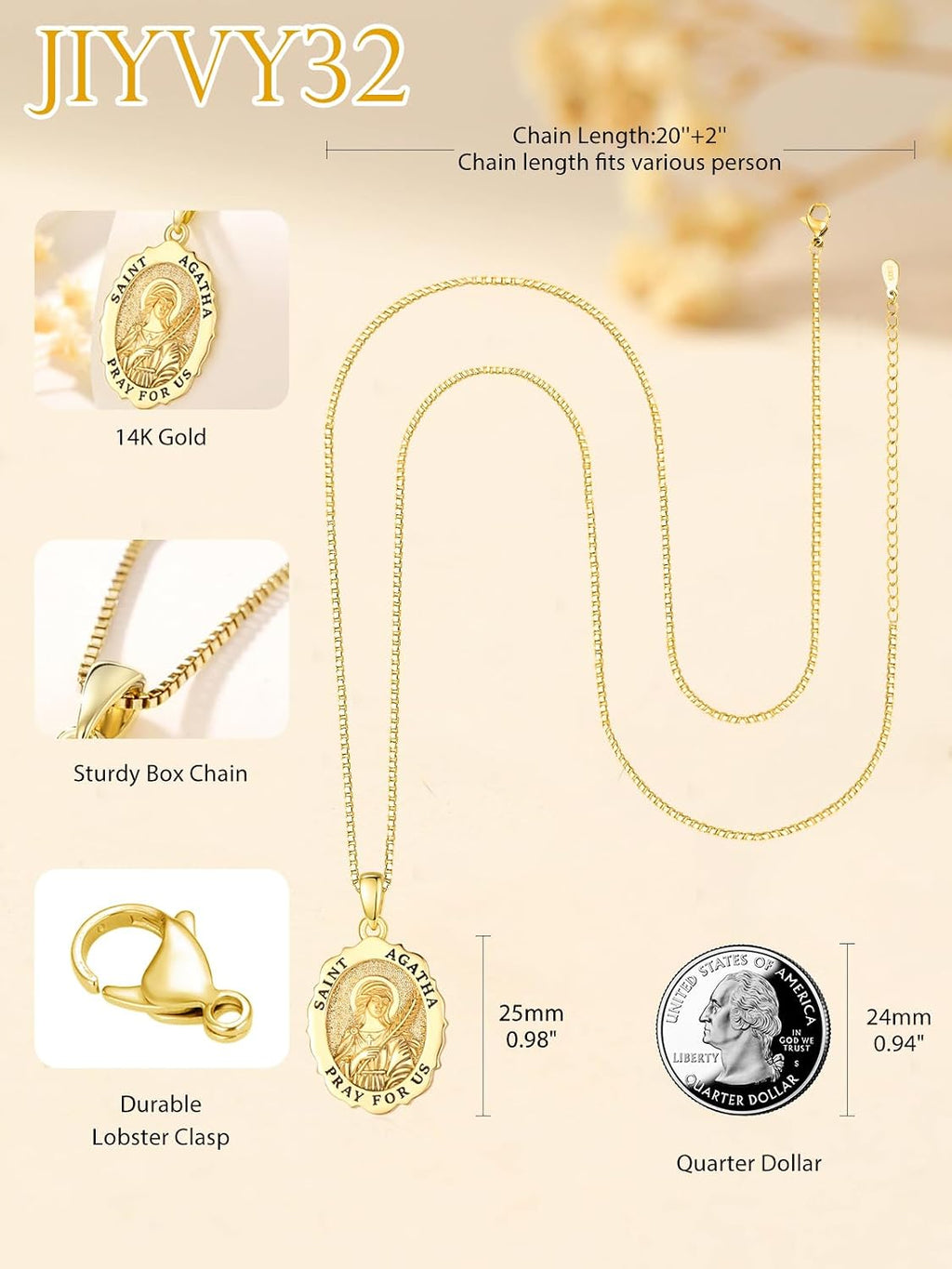 14K Gold Saint Medal Necklace for Women, Catholic Patron Saint Pendant Necklace, Christian Religious Jewelry Gift for Confirmation Baptism Communion Christmas Birthday