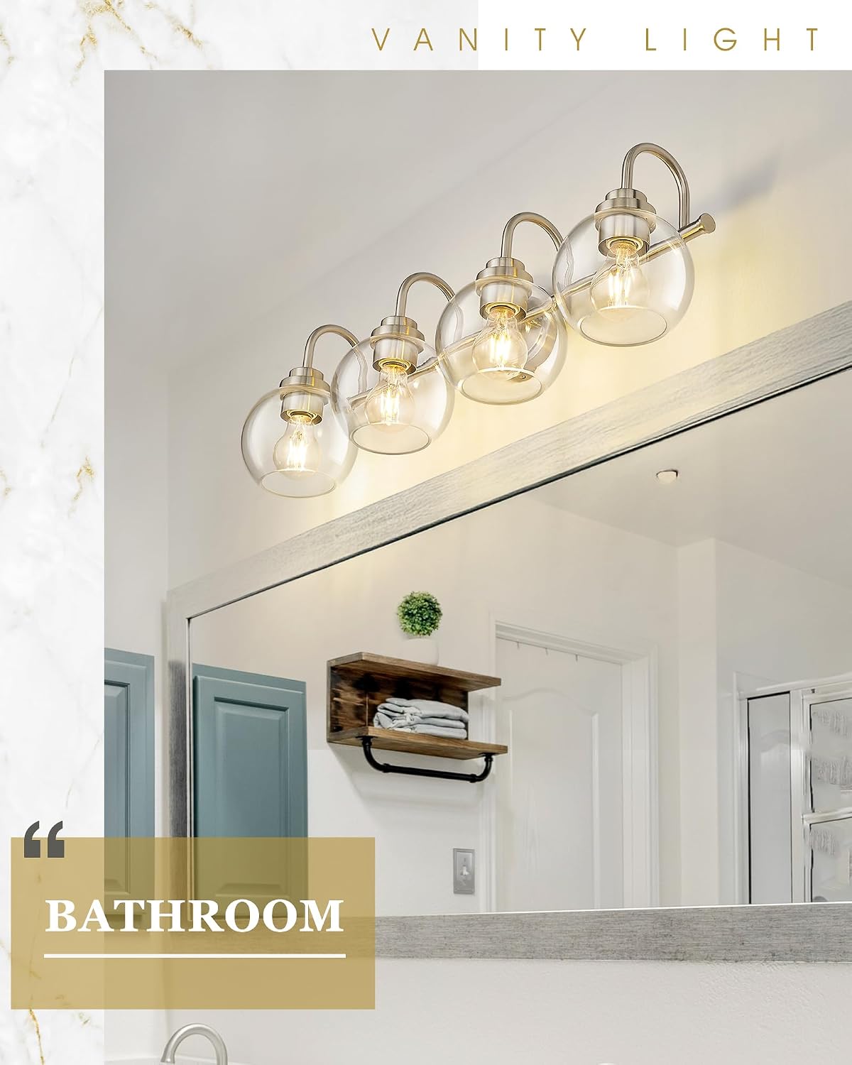 Bathroom Light Fixtures, 4-Light Brushed Nickel Vanity Lights Over Mirror with Globe Clear Glass, 30 Inch Modern Vanity Lighting Fixtures, AD-22280-4W-SN
