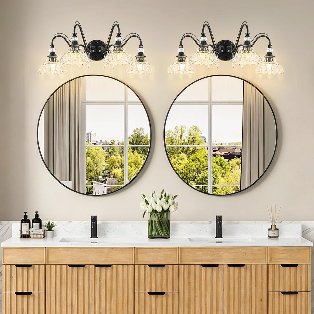 Black Bathroom Vanity Light, 4-Light Matte Black Finish Farmhouse Wall Sconce with Hanging Crystal Accents and Flower-Shaped Clear Glass Shades, Retro Wall Mount Vanity Light Over Mirror for Bathroom