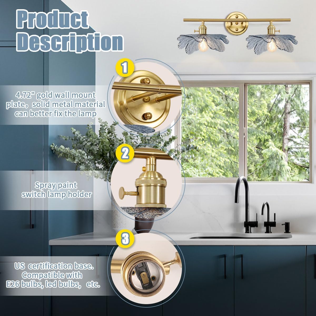 2 Light Bathroom Vanity Light Gold Brass Wall Sconce with Blue Flower Glass Shade Mid Century Wall Light Vintage Wall Sconce Art Deco Bathroom Lights Over Mirror for Bedroom Hallway Living Room