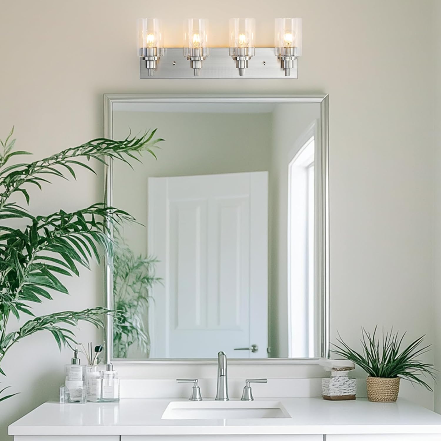 LOUSACE 4 Light Bathroom Vanity Light Brushed Nickel, Bathroom Lighting Fixtures with Clear Glass Shades Over Vanity Mirror, Modern Wall Sconces Fixtures for Bedroom Living Room, E26 Socket