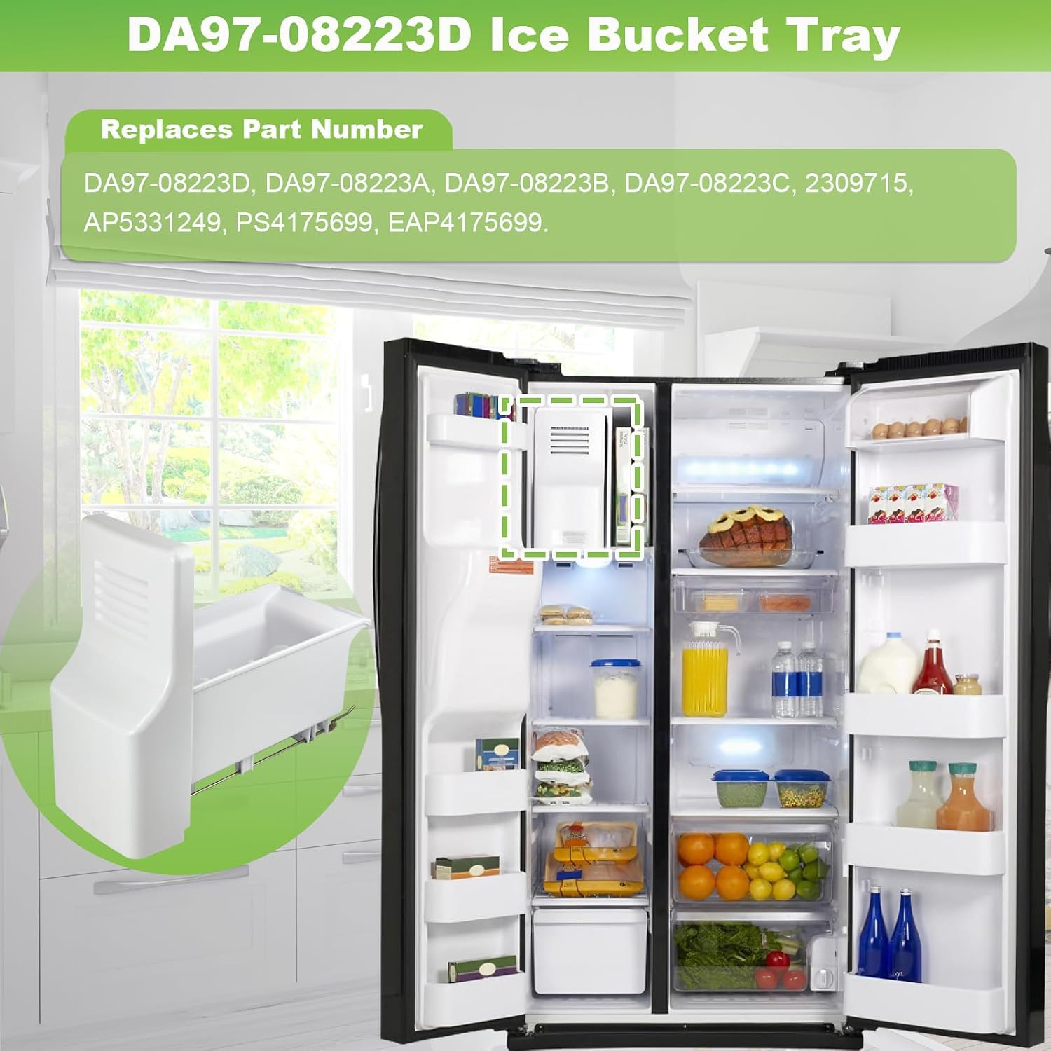 DA97-08223D Ice Bucket Assembly Compatible with Samsung RS25J500DSG RS25J500DSR RS261MDRS RS261MDWP Refrigerator Ice Maker Tray, Replaces DA97-08223A DA97-08223B 2309715 Ice Container
