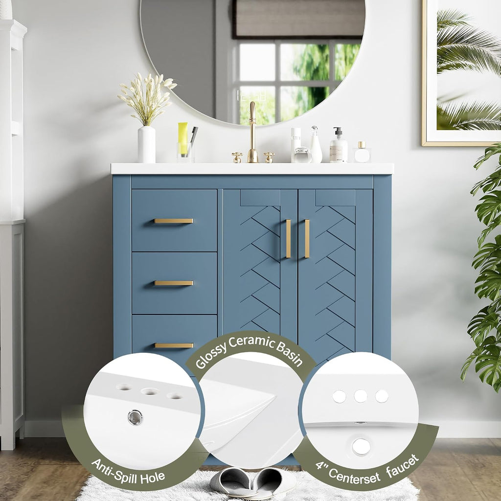 30 Inch Aqua Blue Bathroom Vanity with Sink & Gold Handles,Modern Bathroom Vanity Cabinet with Integrated Countertop,3 Left Drawers & 2 Soft Closing Doors,Solid Wood Frame,Herringbone Front