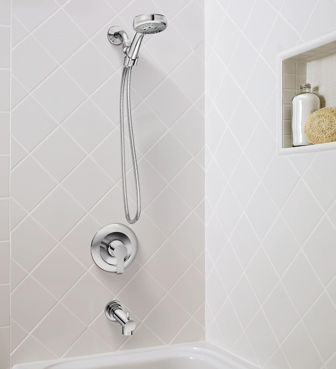 Moen Meena Chrome Single Handle Modern Bathtub and Shower Faucet with Handshower, Lever Handle, Tub Spout and Valve Included, 82618