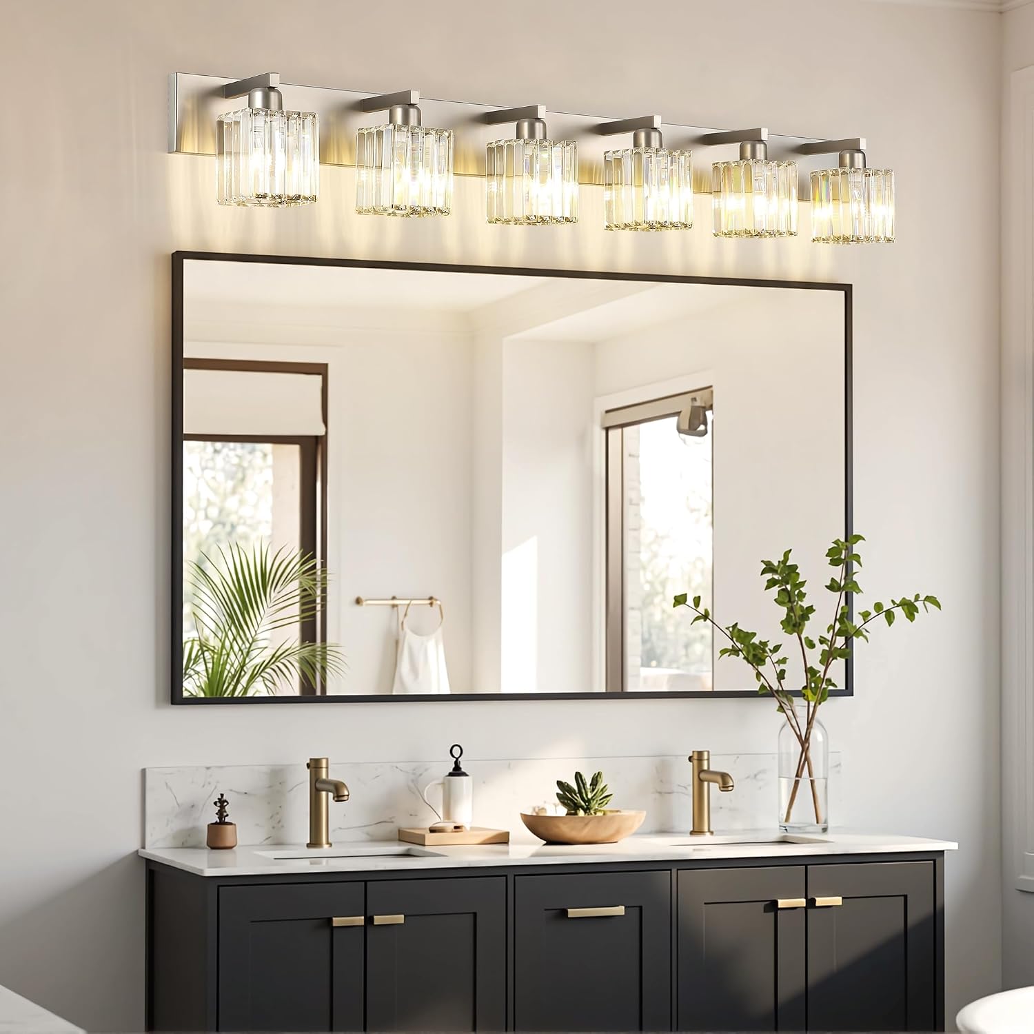 Aipsun Brushed Nickel Bathroom Light Fixtures 6 Light Vanity Lighting Fixture Crystal Modern Bathroom Vanity Light (Exclude Bulb)