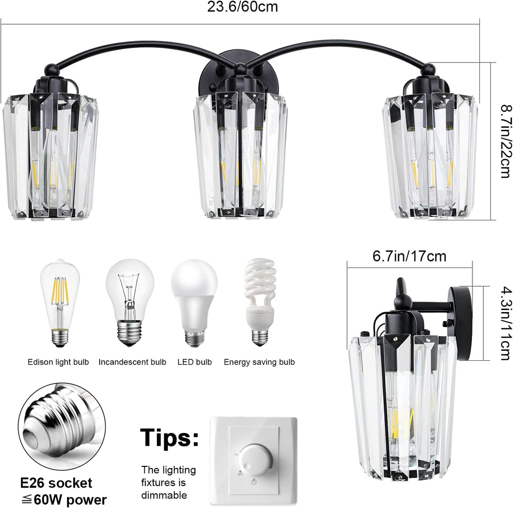 Aipsun Crystal Vanity Light Fixtures Modern Crystal Bathroom Light Fixtures Black Vanity Lights for Bathroom E26 Base (Exclude Bulb)