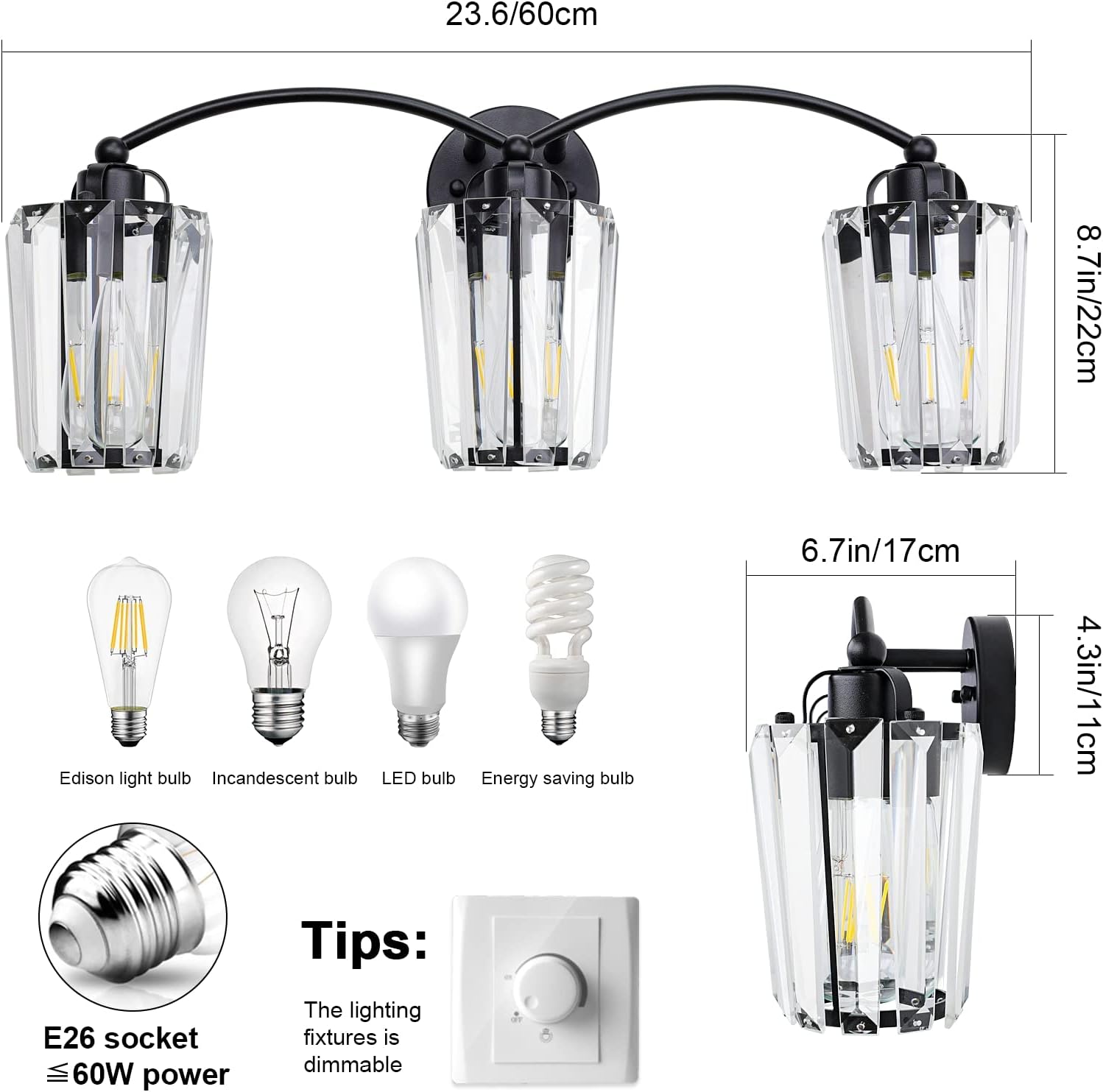 Aipsun Crystal Vanity Light Fixtures Modern Crystal Bathroom Light Fixtures Black Vanity Lights for Bathroom E26 Base (Exclude Bulb)