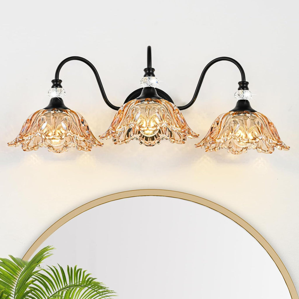 Black Bathroom Vanity Light,3-Light Vanity Light with Floral Amber Glass Shades,Vintage Farmhouse Wall Mount Lighting for Bathroom, Dressing Table