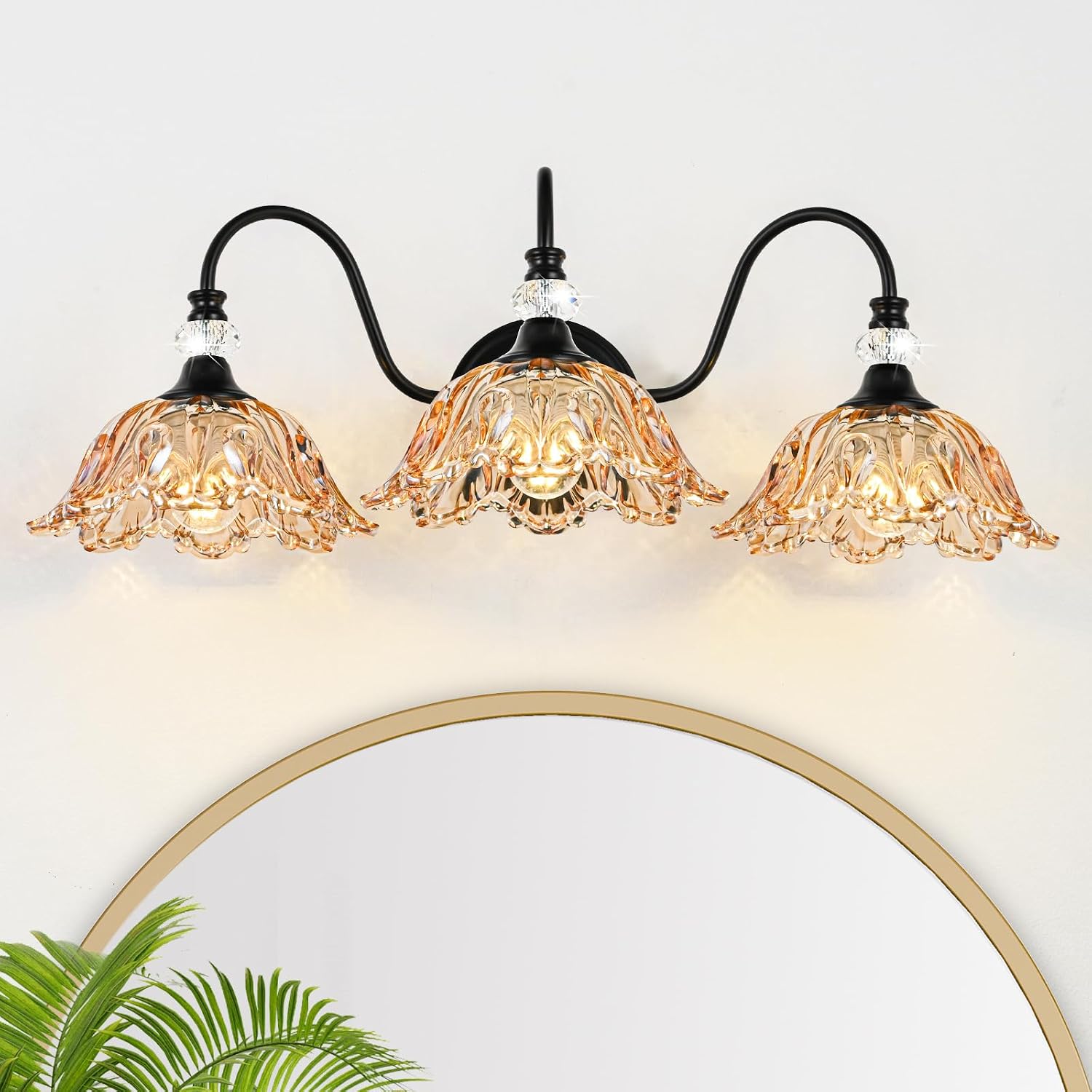 Black Bathroom Vanity Light,3-Light Vanity Light with Floral Amber Glass Shades,Vintage Farmhouse Wall Mount Lighting for Bathroom, Dressing Table