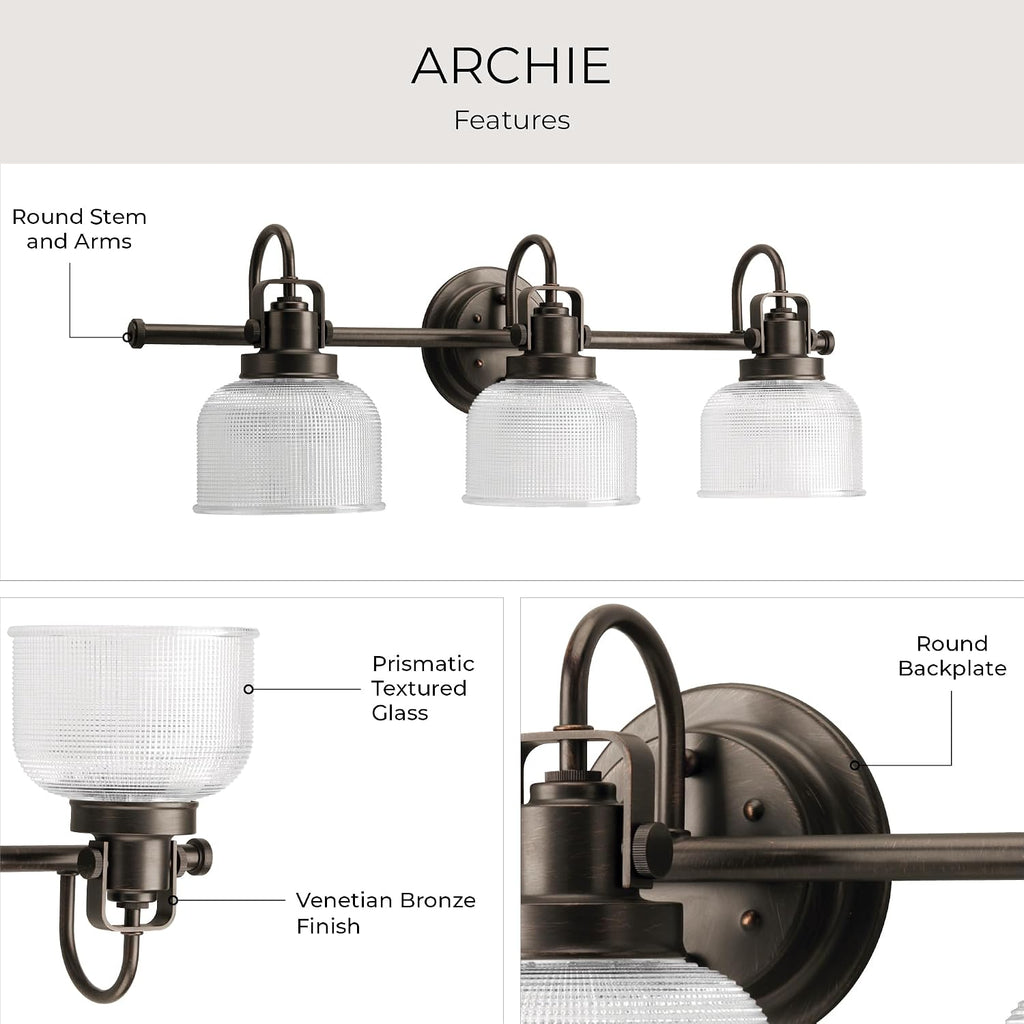 Progress Lighting 3-Light Clear Double Prismatic Glass Coastal Bath Vanity, Archie Collection, Venetian Bronze, P2992-74