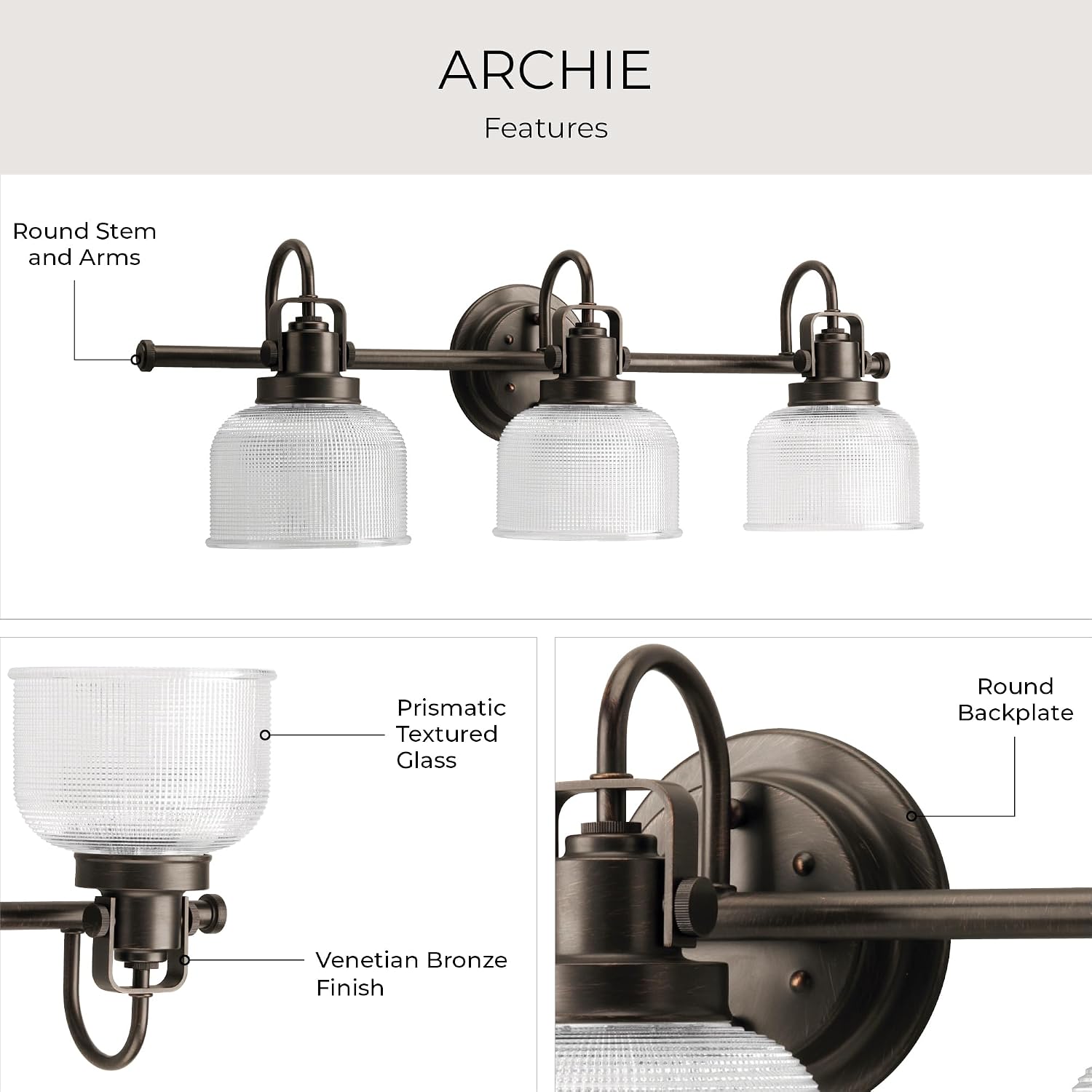 Progress Lighting 3-Light Clear Double Prismatic Glass Coastal Bath Vanity, Archie Collection, Venetian Bronze, P2992-74