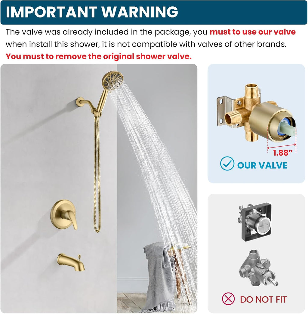 gotonovo Bathroom Shower Head Kit High Pressure Combo System Shower Faucet 6 Modes ABS Handheld Spray Shower Trim Kit Valve Included Shower Head and Handle Set Brushed Gold