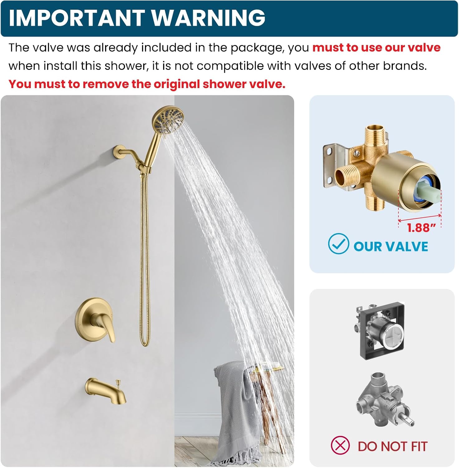 gotonovo Bathroom Shower Head Kit High Pressure Combo System Shower Faucet 6 Modes ABS Handheld Spray Shower Trim Kit Valve Included Shower Head and Handle Set Brushed Gold