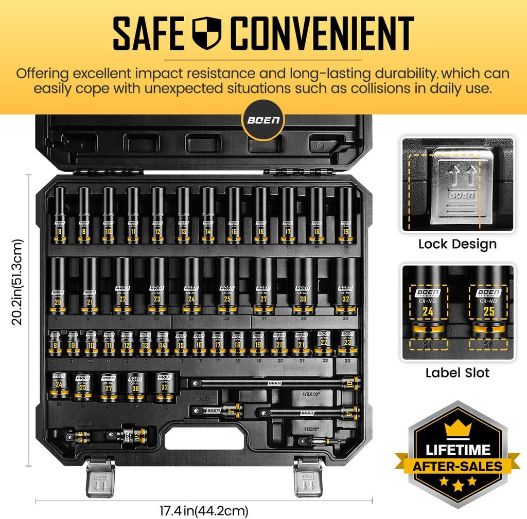 boen 48PCS 1/2' Drive Metric Socket Set, Impact Deep&Shollow Socket(8mm-32mm), for Lug Nut Use, 6-Point with Yellow Embossed Marking, CR-MO