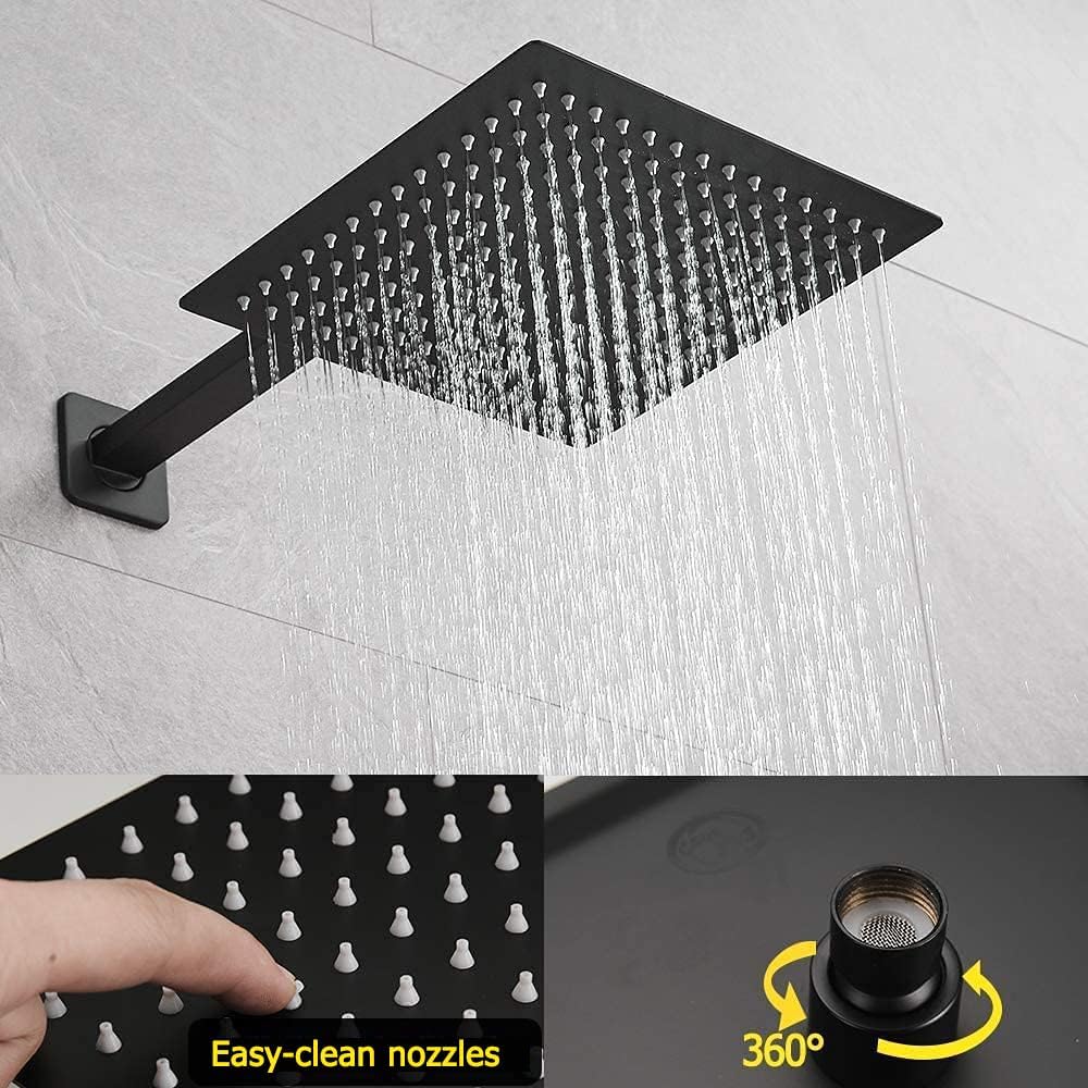Matte Black Shower System 12 Inch Bathroom Luxury Rain Mixer Shower Combo Set Wall Mounted Rainfall Shower Head and Handheld System Shower Faucet Set Rough-in Valve Body and Trim Kit