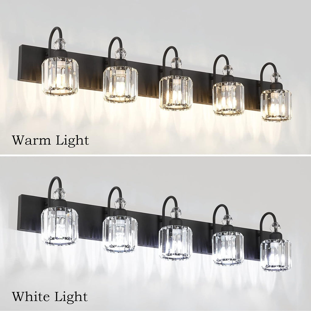 Ralbay Modern Crystal Black 5-Light Bathroom Vanity Light, Matte Black Crystal Bath Wall Light Fixtures