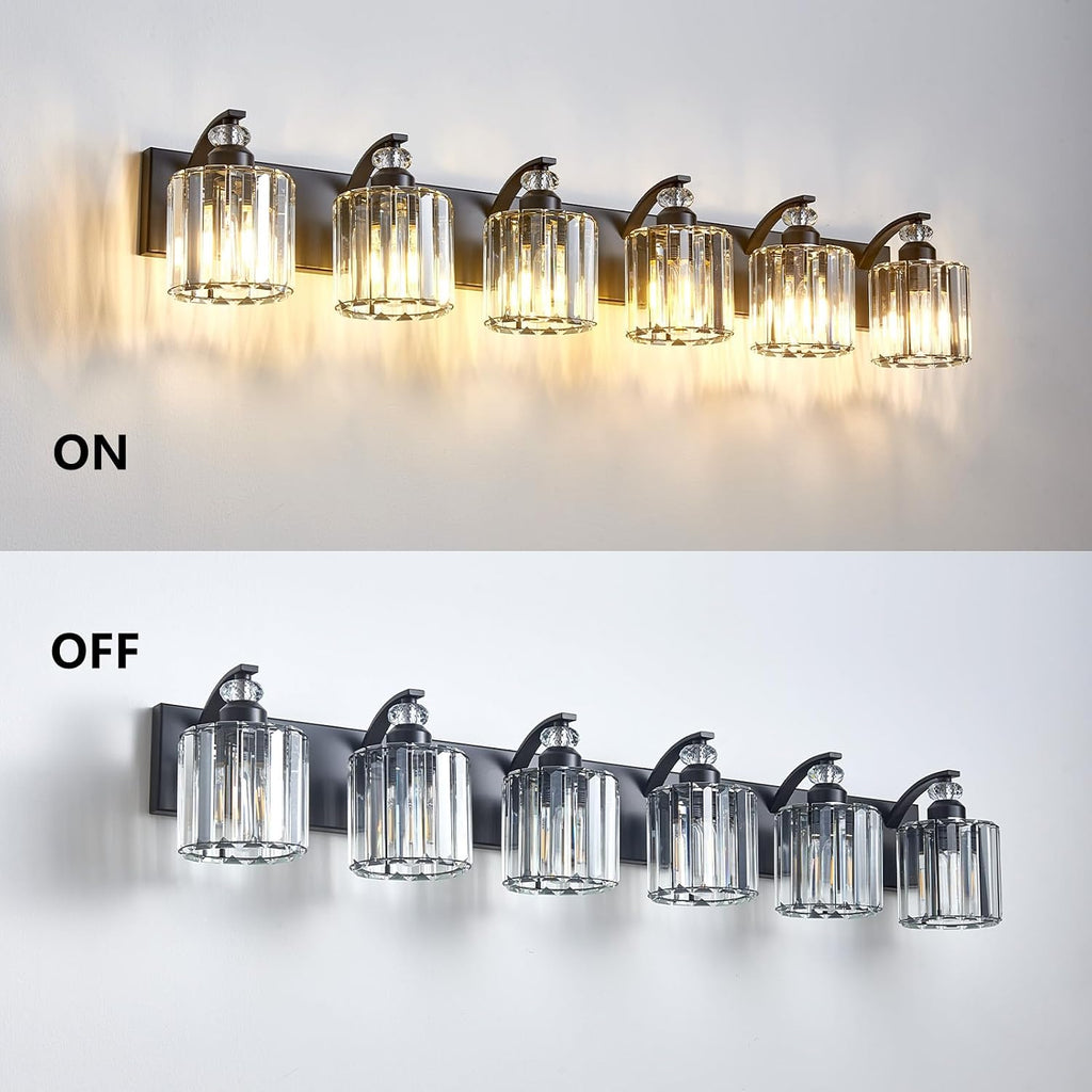 6-Light Black Bathroom Light Fixture Modern Vanity Lights Over Mirror Vintage Wall Sconce Lighting for Bathroom, Bedroom, Living Room, Hallway E26 Base with Crystal Bathroom Vanity Light