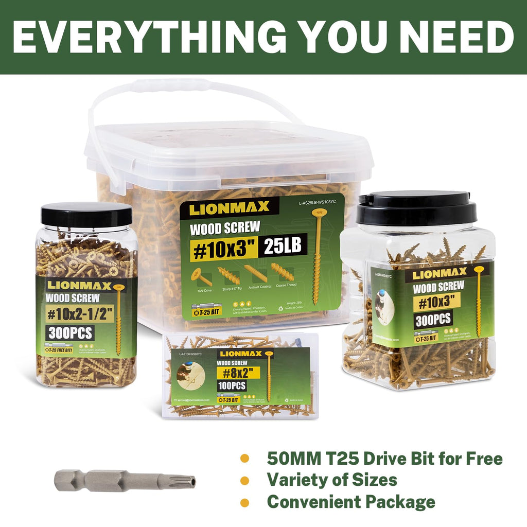 LIONMAX Deck Screws 3 Inch 25 lb Bulk, Wood Screws #10 x 3, Rust Resistant, Exterior Epoxy Coated for Outdoor Projects, Torx Drive, Coarse Thread, T25 Star Bit Included, Tan, 1700 Pieces
