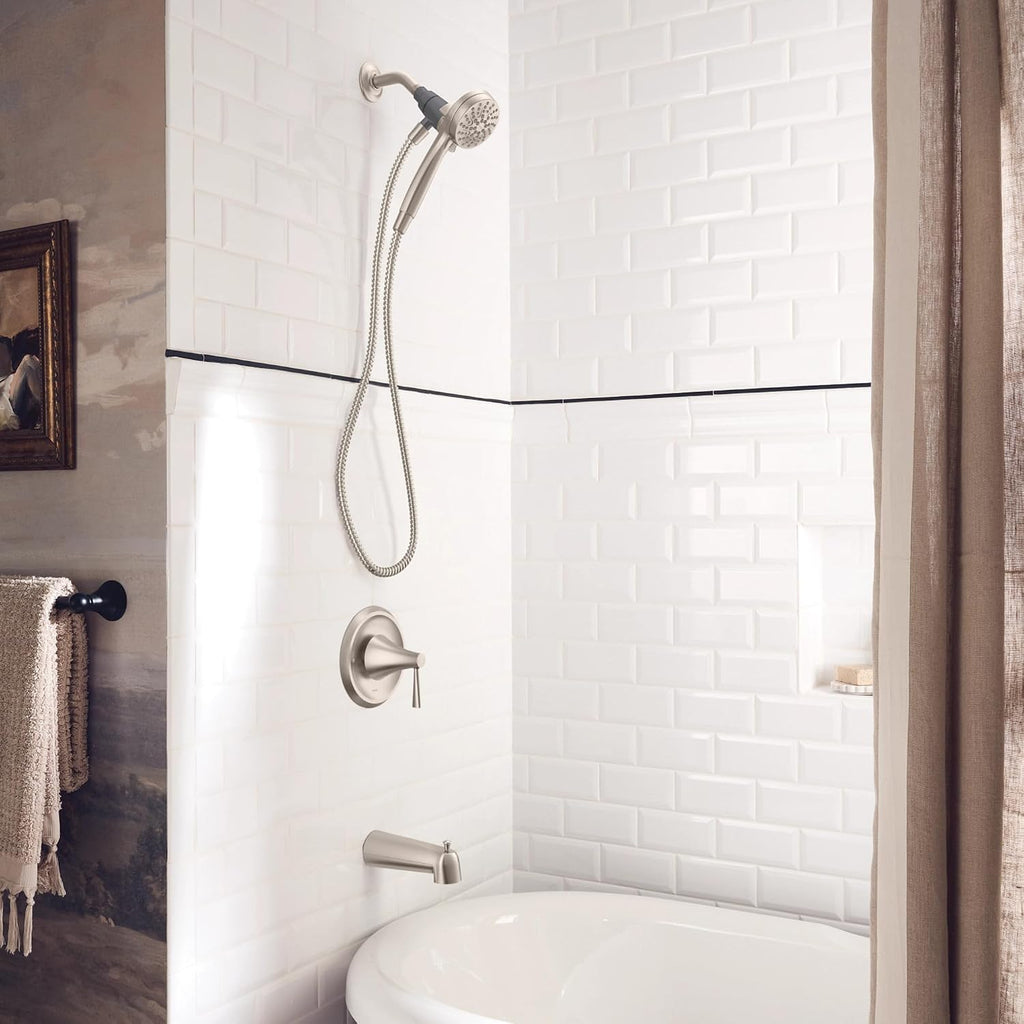 Moen Ronan Spot Resist Brushed Nickel Single-Handle Modern Tub and Shower Faucet with Round Handheld Rain Shower Spray Head Featuring Magnetix, Valve Included, 82021SRN