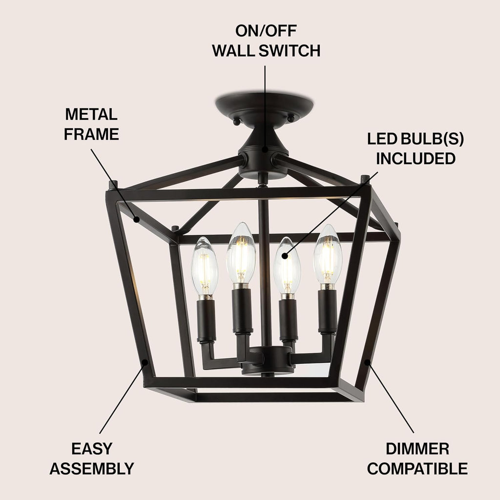 JONATHAN Y 12' Oil Rubbed Bronze Modern Farmhouse Pagoda 4-Light LED Semi Flush Mount Lantern, Metal Ceiling Light Fixture for Kitchen, Hallway, Entryway, Bedroom, Hardwired JYL7610A