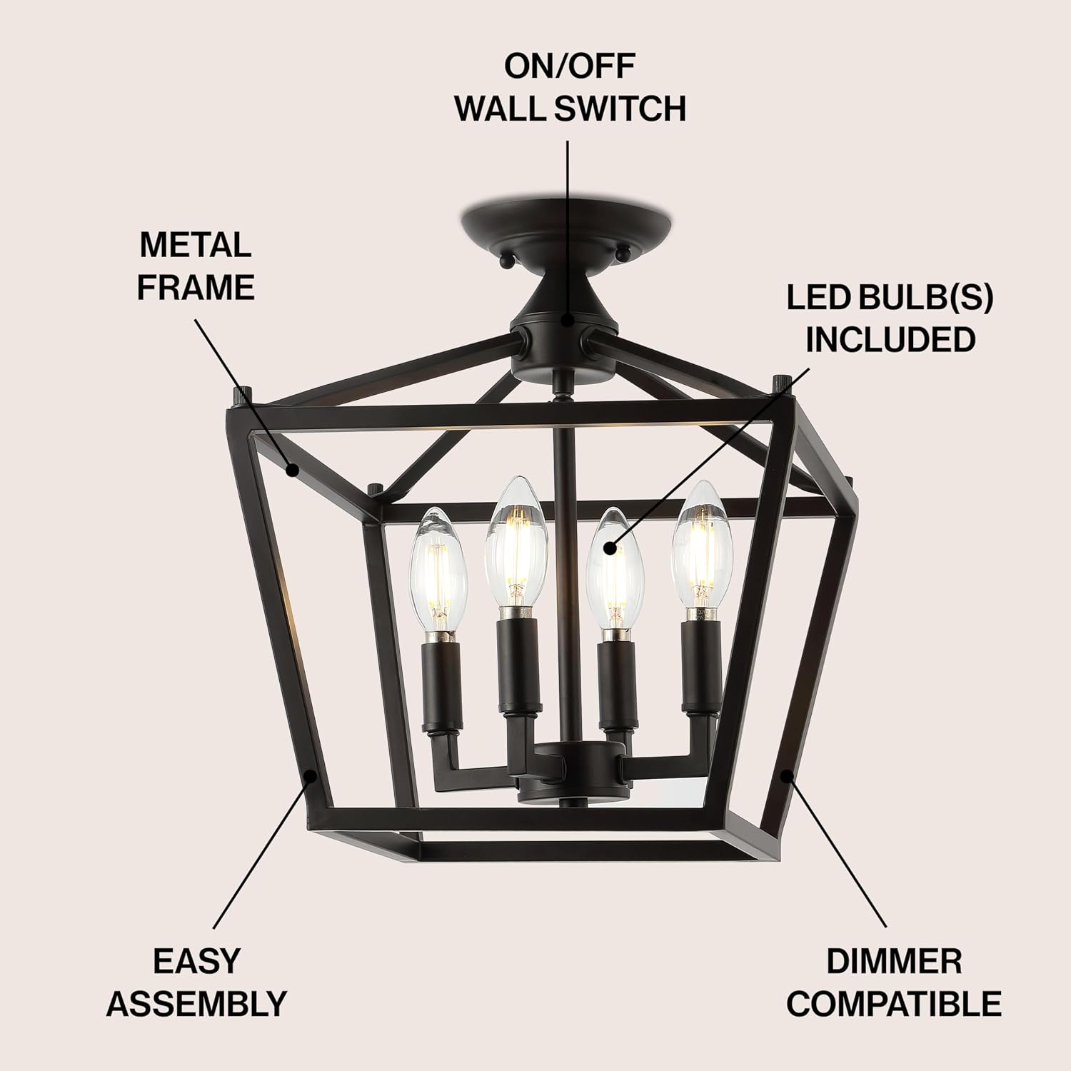JONATHAN Y 12' Oil Rubbed Bronze Modern Farmhouse Pagoda 4-Light LED Semi Flush Mount Lantern, Metal Ceiling Light Fixture for Kitchen, Hallway, Entryway, Bedroom, Hardwired JYL7610A