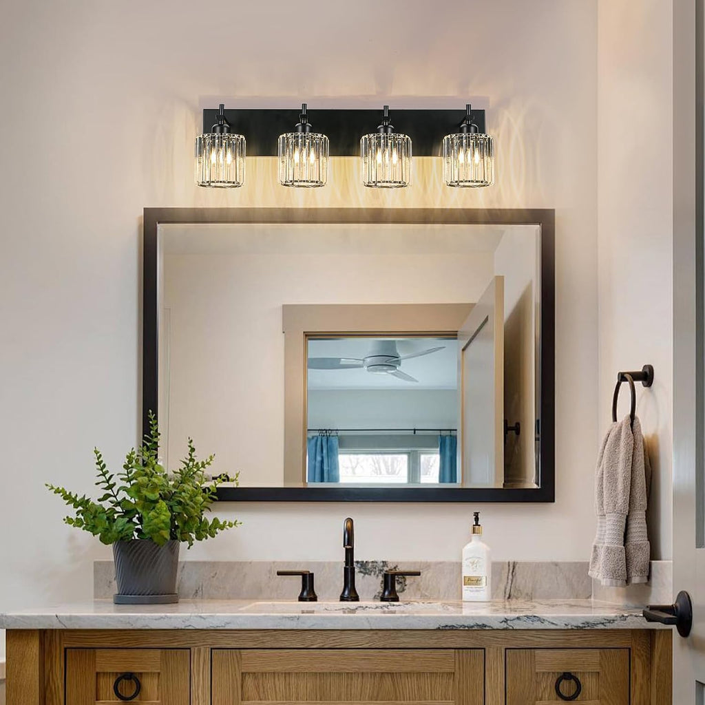 Black Crystal Bathroom Vanity Lights, Modern 4-Lights Bathroom Lighting Fixtures Over Mirror, Crystal Wall Lighting with Round Shade