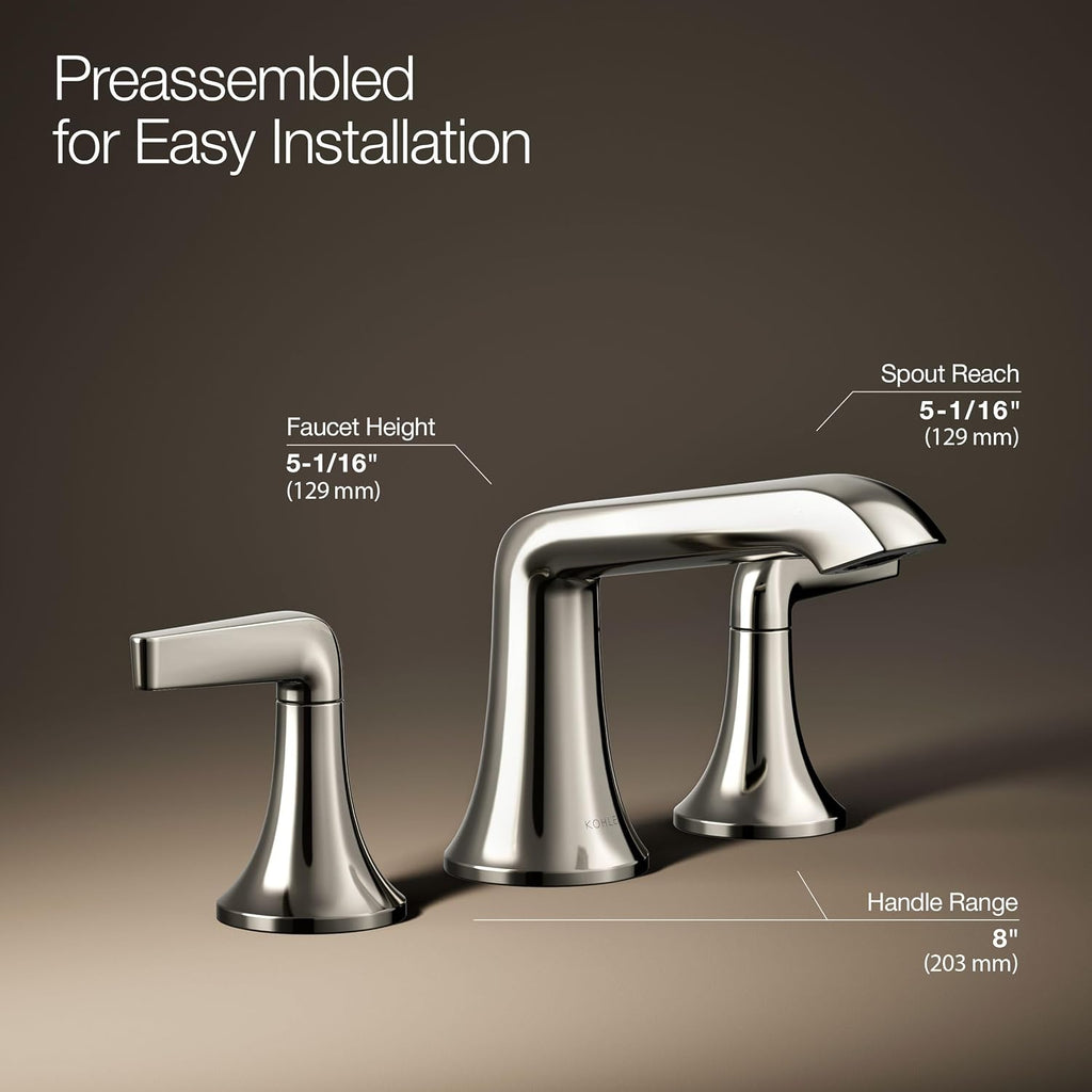 Kohler K-22020-4-SN Kohler K-22020-4 Tempered 1.2 GPM Widespread Bathroom Faucet with UltraGlide and Pop-Up Drain Assembly
