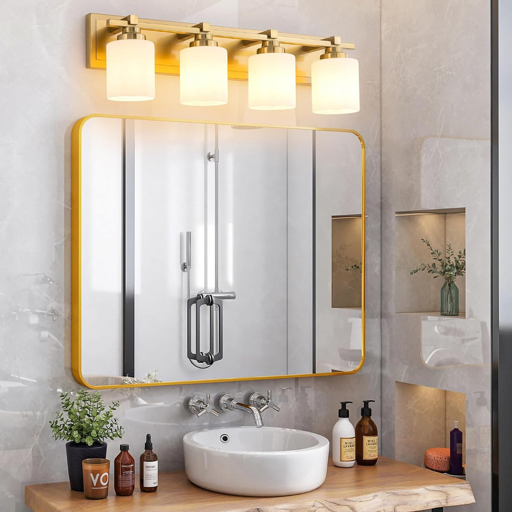 Modern Bathroom Light Fixtures Over Mirror, Vanity Lights for Bathroom Wall Sconces with Milky White Glass Shades, E26 Socket (Bulbs Not Included), 4 Light, Brass