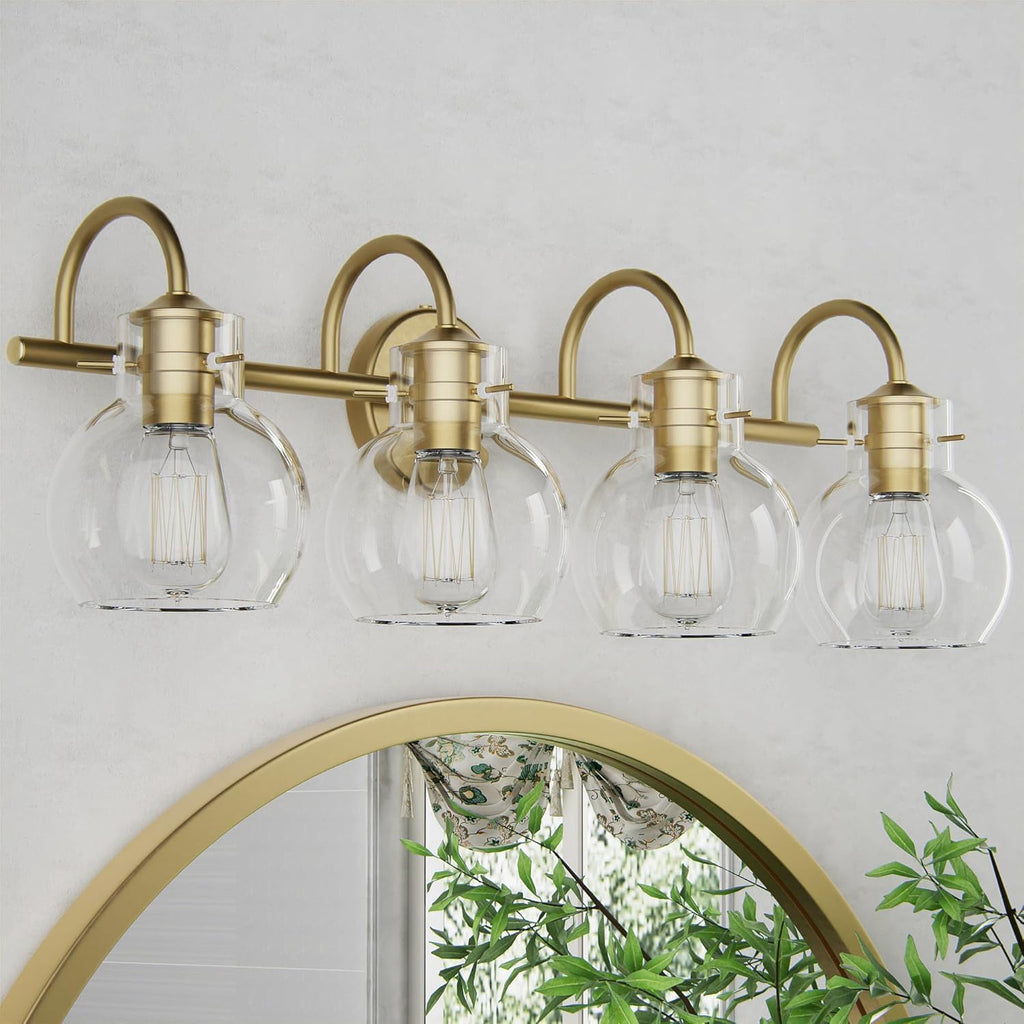 4-Light Gold Bathroom Vanity Light Fixtures, 24 Inch Over Mirror with Clear Glass Shade Wall Mounted Sconces for Bathroom, Living Room, Hallway, E26 Base