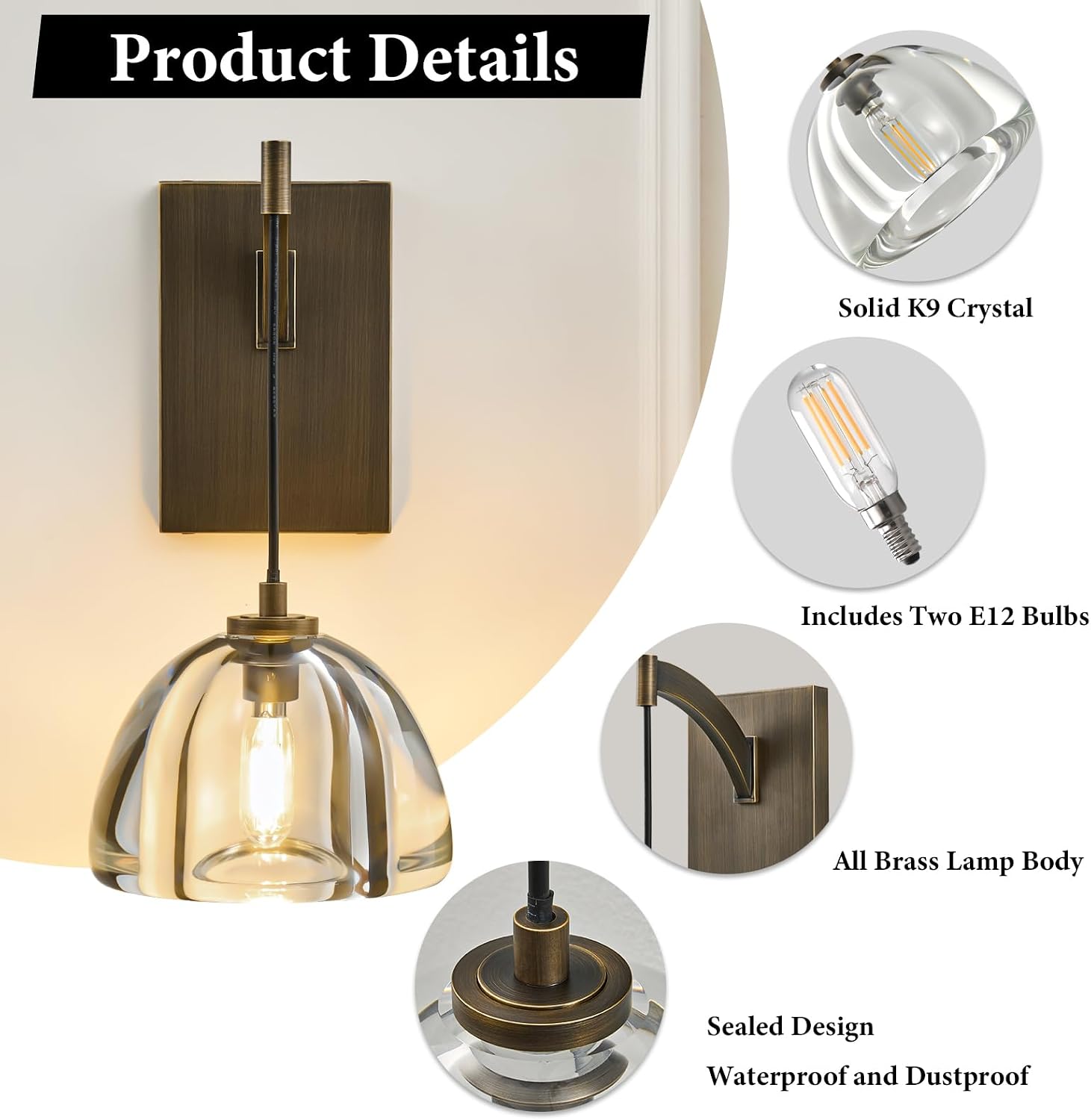 Crystal Brass Dome Wall Sconce - Luxury Antique Brushed Lighting Fixture with K9 Crystals Cloche - Set of 2 Modern Gold Sconces - Dimmable Indoor Hanging Light for Bathroom Bedroom Living Room Stair